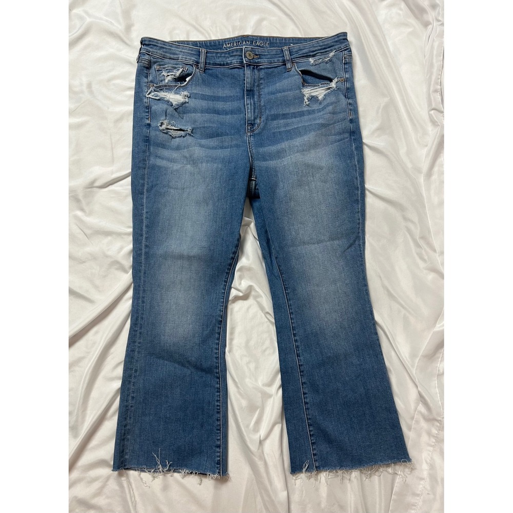American Eagle Hi-Rise Skinny Kick Crop Distressed Jeans Raw Hem Med Wash Sz-20R